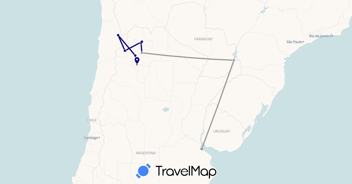 TravelMap itinerary: driving, plane in Argentina, Chile (South America)